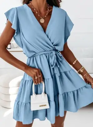 Women Summer New Solid Color And V-neck Pullover Strap Waist Trimming Short-sleeved Stitching Big Swing Dress