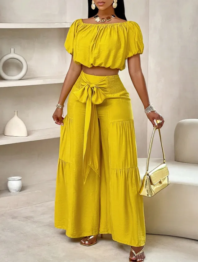Women's Short Sleeve Suit With Summer Sleeve Pleats Yellow - Shop at LoveMi