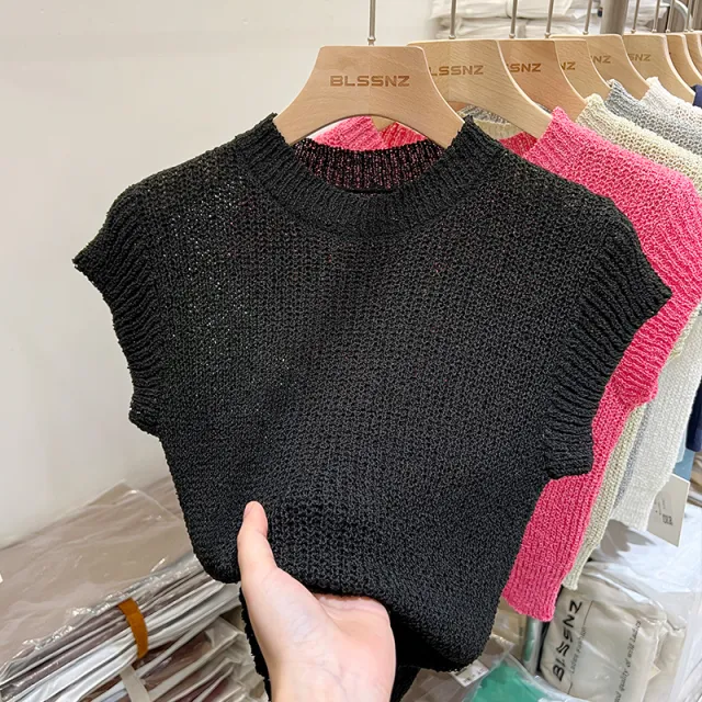 Women's Ice Silk Hollow Chic Short Sleeve Knitwear Black - Shop at LoveMi