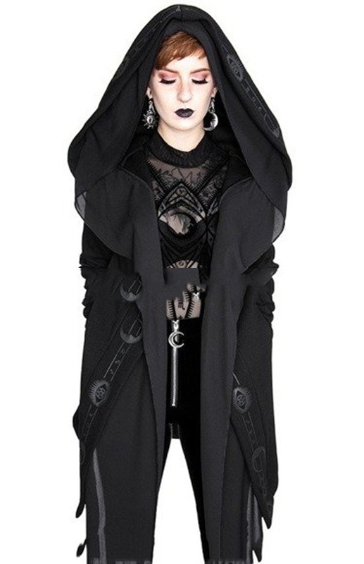 Irregular Black Punk Hooded Jacket Long Patchwork Printed Sweater