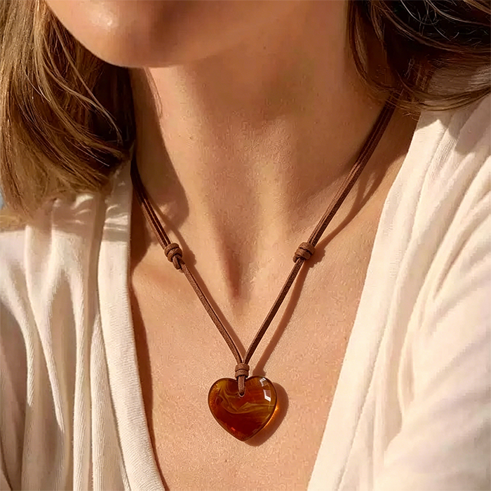 Amber Glass Puffy Heart Pendant Necklace - Tortoiseshell Textured Heart Charm On Adjustable Brown Cord - Coastal Boho Aesthetic Jewelry For Women