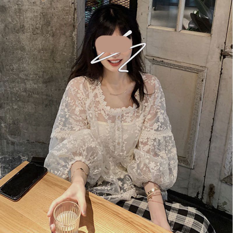 Women's Cutout Square Neck Lace Shirt Suspender Two-Piece Set