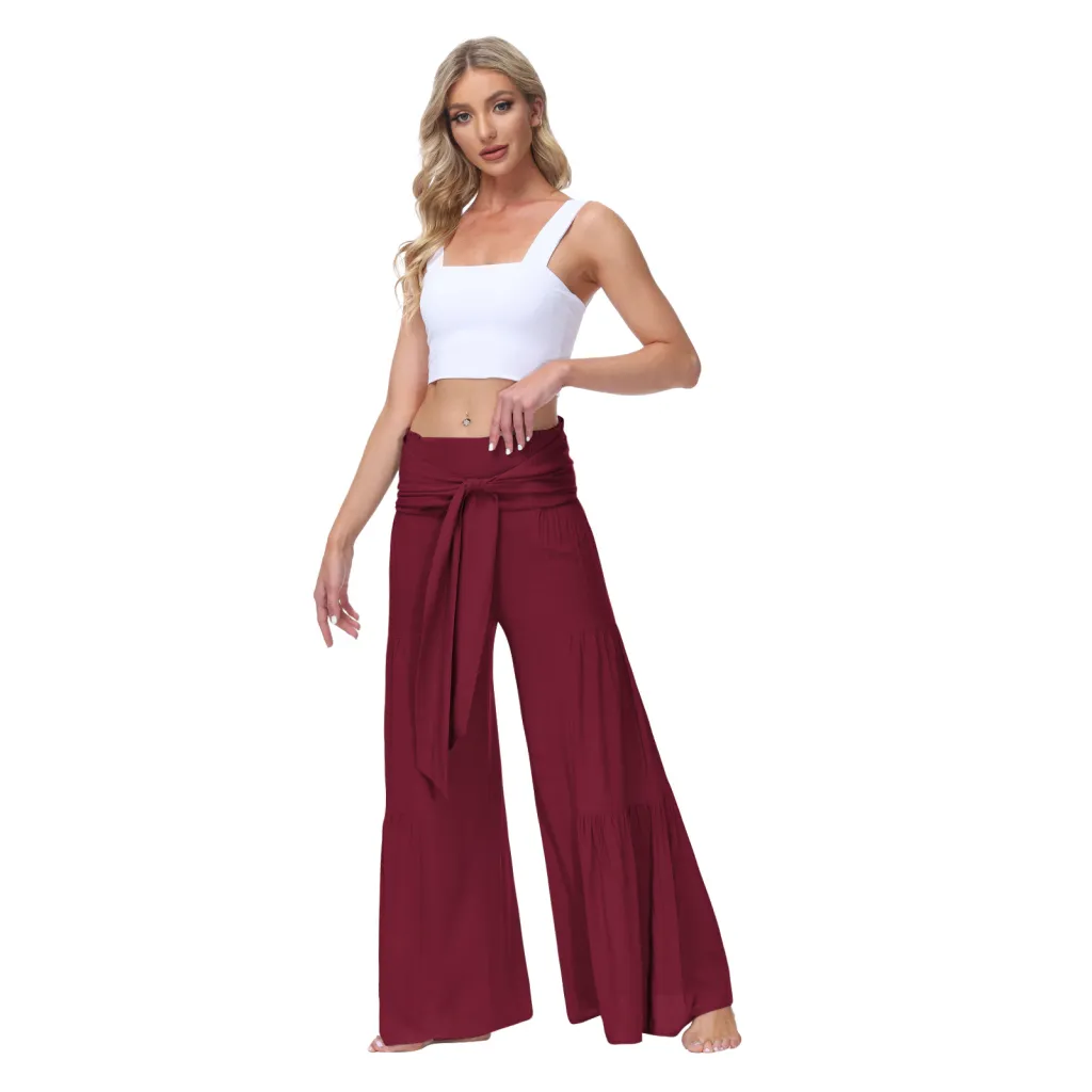 European And American Women's Fashionable Temperament Bandage Pants - Wine Red