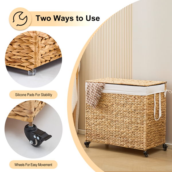 160L 3-Section Laundry Hamper With Lid And Wheels, Woven Natural Water Hyacinth Rolling Laundry Hamper — foto 4