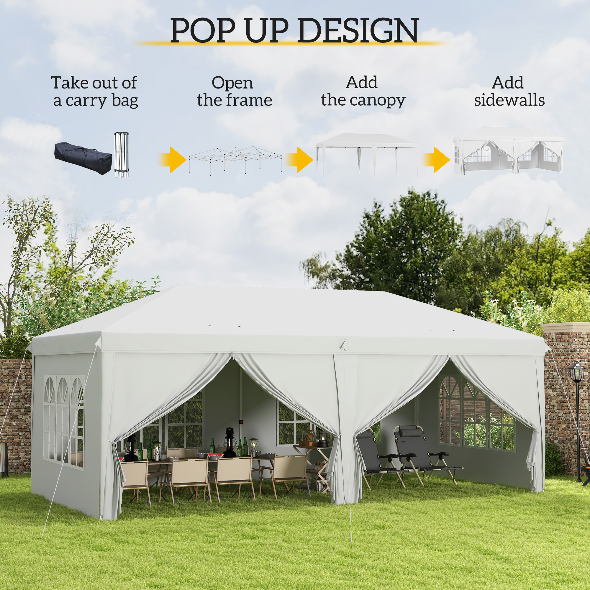 3x6m Pop-Up Gazebo, With Curtain Walls And Windows, White — image 6
