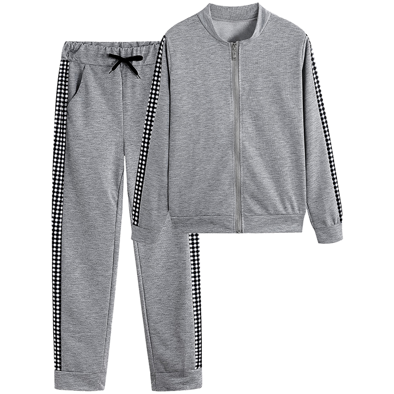 Women's Print & Plaid Zip Front Top With Tie Waist Pants Set, 2 Piece Casual Loungewear For Spring And Fall Gray - Shop at LoveMi