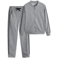 Women's Print & Plaid Zip-Front Top With Tie-Waist Pants Set, 2-Piece Casual Loungewear For Spring And Fall - Grey - View 1