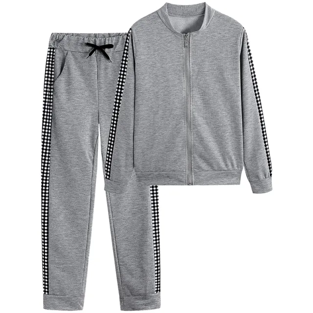 Women's Print & Plaid Zip Front Top With Tie Waist Pants Set, 2 Piece Casual Loungewear For Spring And Fall Gray - Shop at LoveMi