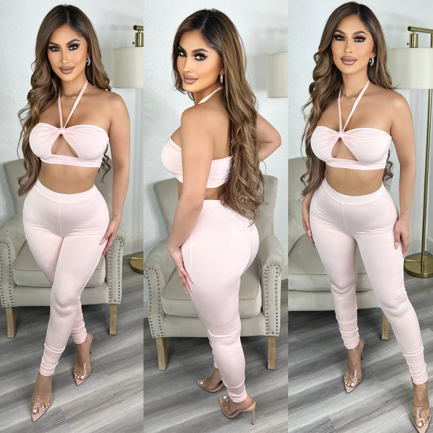 Women's Skinny Cutout Tie Two Piece Pant Set
