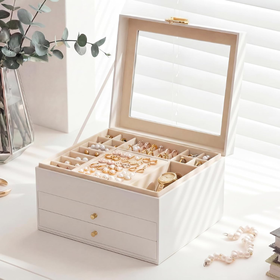 3-Layer Jewelry Box Organizer, Multi-Level Jewelry Storage Case, Cloud White Jewelry Holder For Rings, Earrings & Accessories