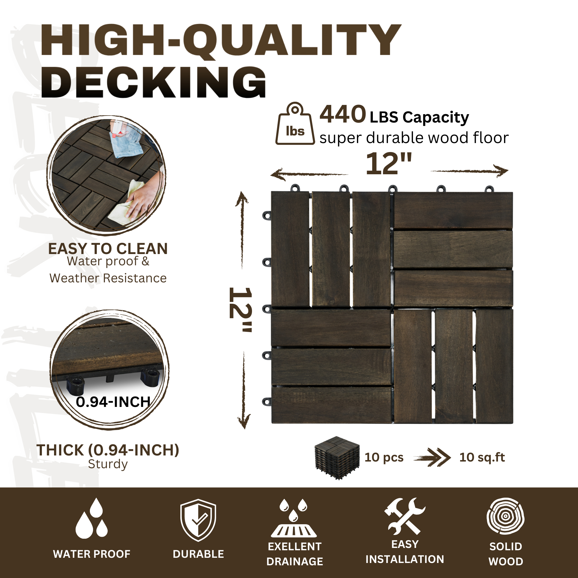 Acacia Wood Interlocking Deck Tiles Checker Pattern, 30 PCS 12inch X 12inch Dark Brown Square Acacia Hardwood Outdoor Flooring For Patio, Bancony, Pool Side