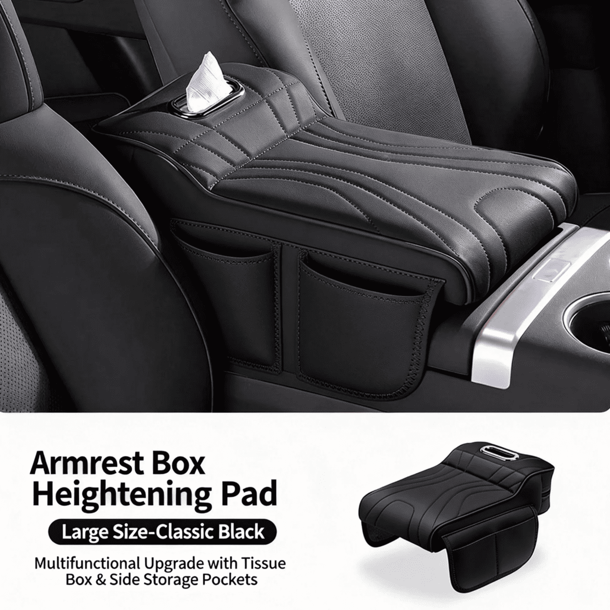 Car Center Console Armrest Cover With Tissue Box And Dual Cup Holders, Leather Armrest Cushion Pad With Side Storage Pockets, Memory Foam Car Interior Accessories, Universal Fit