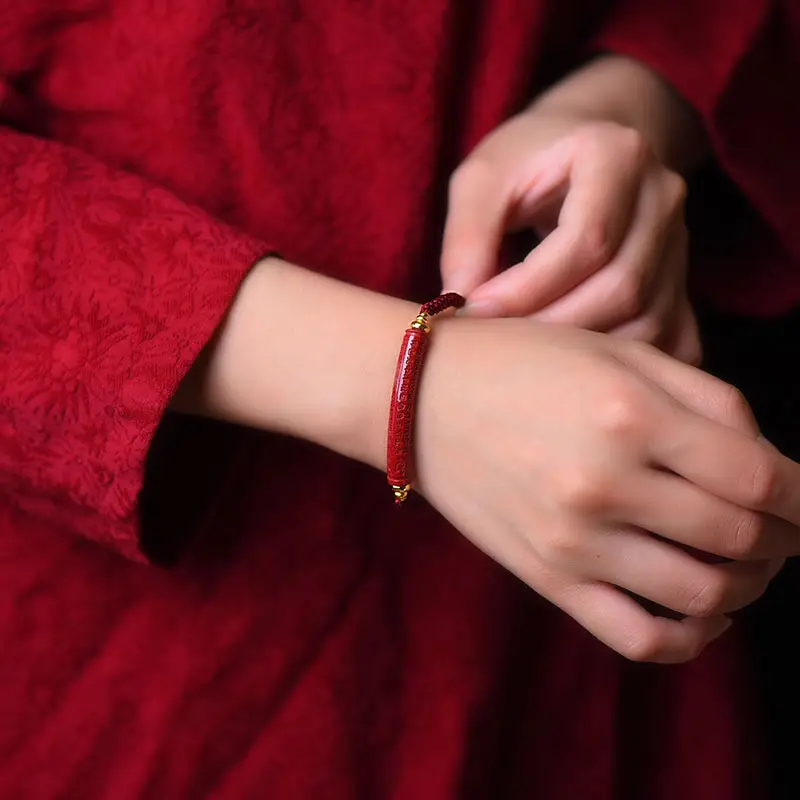 Natural Cinnabar Purple Gold Sand Heart Sutra Red String Bracelet