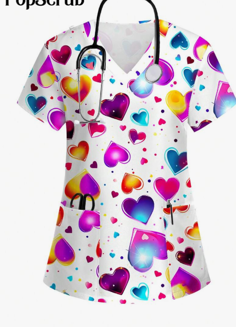 Plus Size Women's Vibrant Print Scrub Top Casual V-Neck Short Sleeve