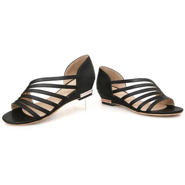 Summer Thin Strap Mid heel Flat Wedge Casual Ladies Sandals Black - Shop at LoveMi