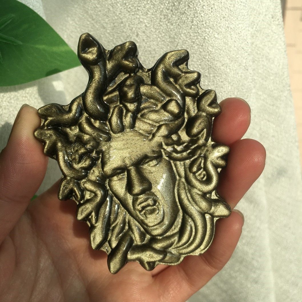 Natural Obsidian Medusa Carved Ornaments Home Office Gold - Shop at LoveMi