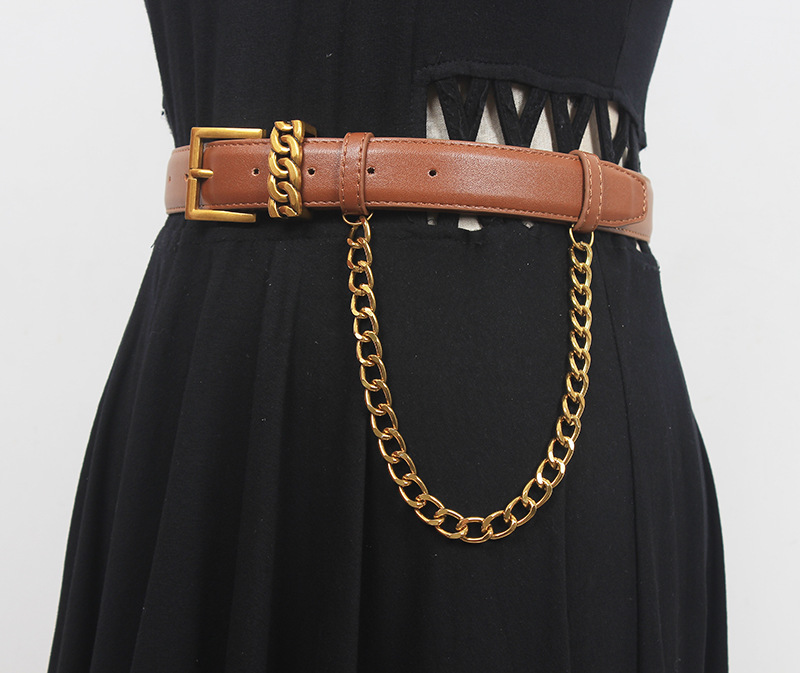 Versatile Ins Style Genuine Leather Gold Mouth Square Head Decorative Waistband