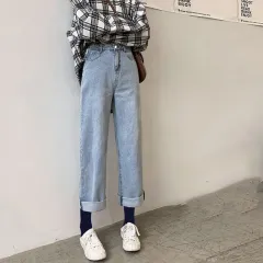 Loose Straight Spring And Autumn Thin High Waist Drape Wide Leg Jeans - Single Button Light Retro - View 1