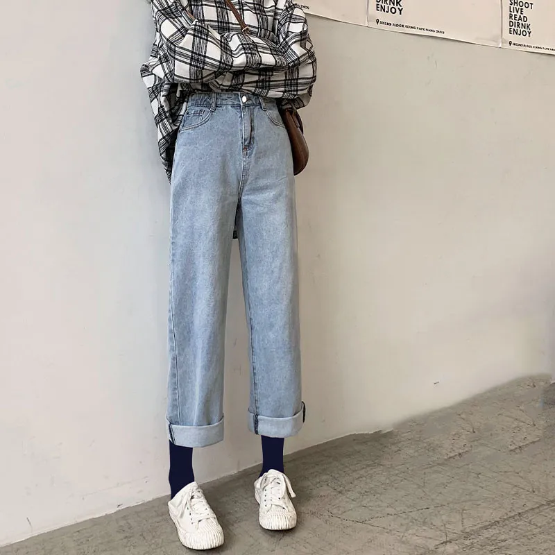 Loose Straight Spring And Autumn Thin High Waist Drape Wide Leg Jeans - Single Button Light Retro-Conv