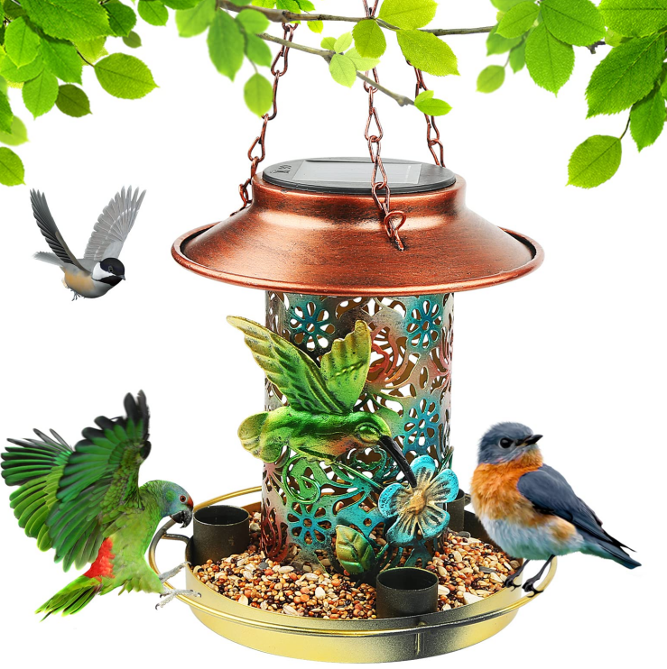 Solar Bird Feeder Outdoors Hanging Metal Wild Cardinals Solar Garden Lantern
