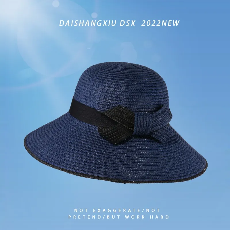 Spring And Summer Big Brim Straw Hat Fashion All-match Two-color Bow Breathable - Navy Blue