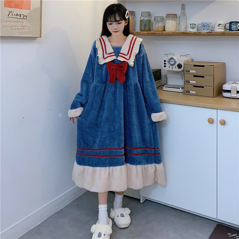 Title 7, Winter Cute Plush Bow One-piece Long Pajamas