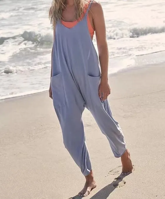 Women's Fashion Solid Color V Neck Sling Pocket Jumpsuit Light Blue - Shop at LoveMi