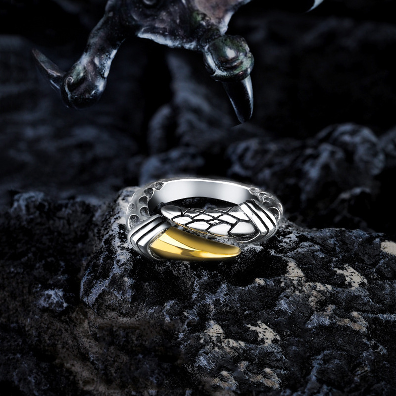 Vintage Dragon Claw Ring For Men, Trendy Minimalist Cold Style, Adjustable Open Band, Two-tone Thai Silver Fashion Single Ring For Men