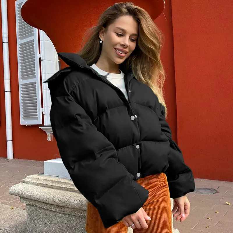 Casual Short-breasted Hooded Long-sleeved Cotton Jacket - Black