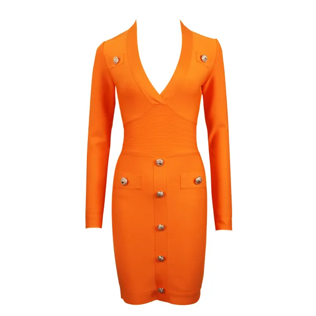 Single breasted Long sleeved Slim Ladies Temperament Dress Orange - Shop at LoveMi