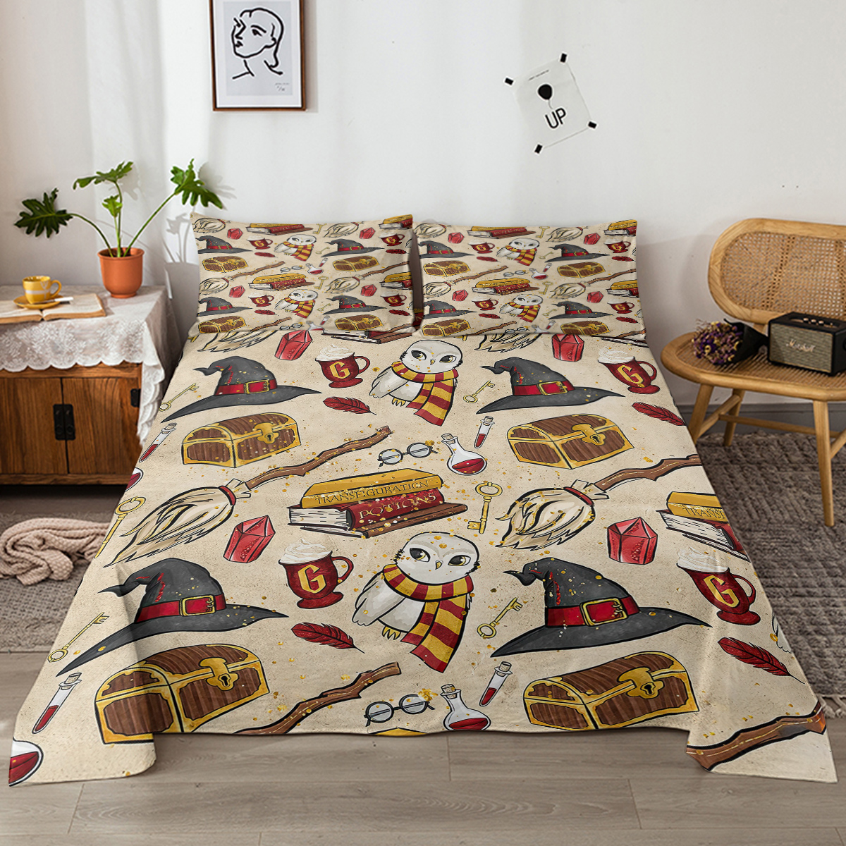 4PCS Halloween Bed Sheet Set, White Bedding Set, Magic Potion Spell Book Wizard Witch Hat Broom Scarf Owl Witchy Spooky Gothic, 1 Flat Sheet,1 Fitted Sheet, 2 Pillow Cases