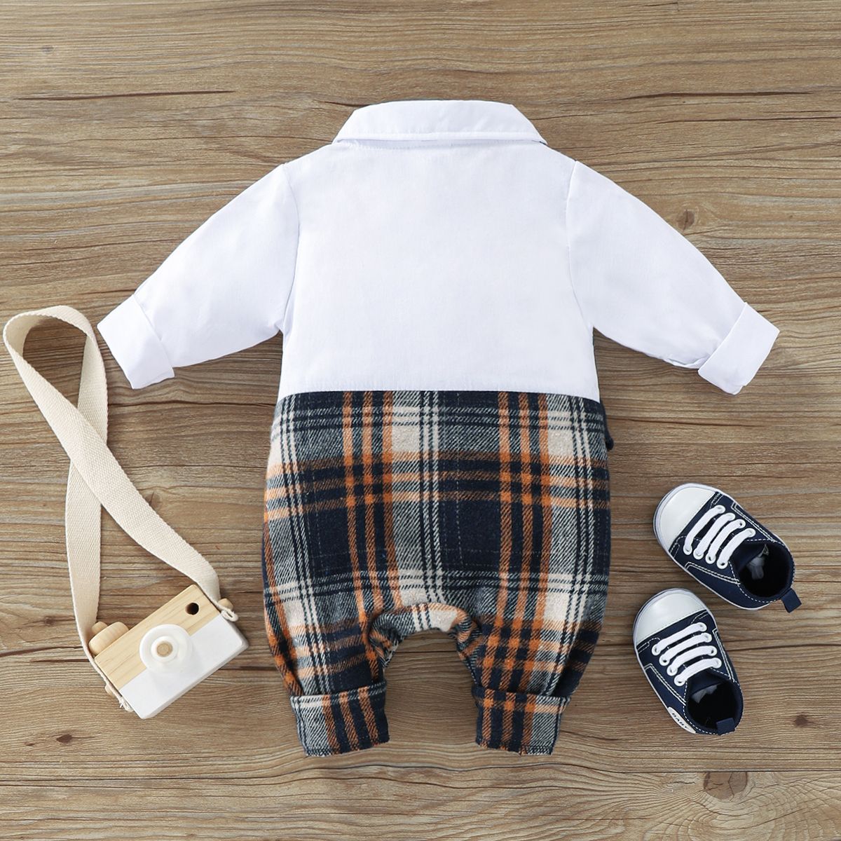 Baby Boy Gentleman Jumpsuit Spring And Autumn Fashion Plaid Fake Vest - Image 2