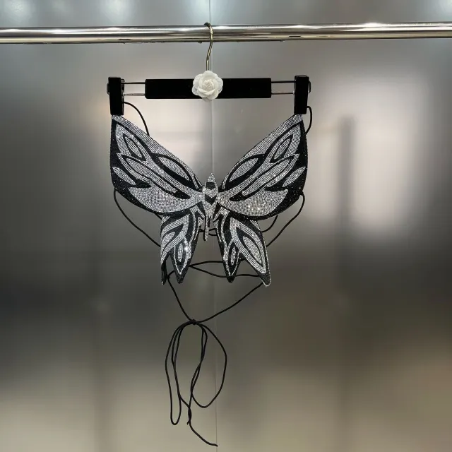 V neck Vest Rhinestone Shiny Butterfly Backless Top Black - Shop at LoveMi