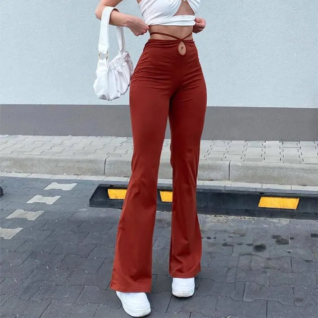 Women's High waist Elastic Lace up Solid Color Trousers Red - Shop at LoveMi