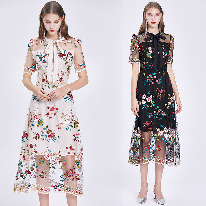Mesh Embroidered Flower Short-sleeved Dress — image 1
