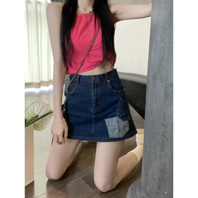 Contrast Patch Pocket Denim Skirt High Waist Slim Denim Blue - Shop at LoveMi