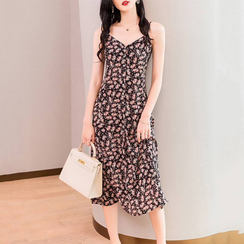Summer New Style Korean Floral Sling Skirt, Hedging V-Neck Long Skirt, Thin Dress