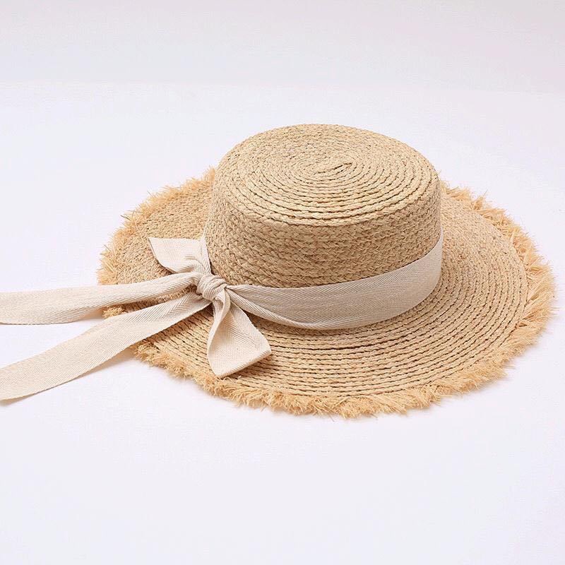 Women's Seaside Elegant Japanese Bow Flat Raffia Hat