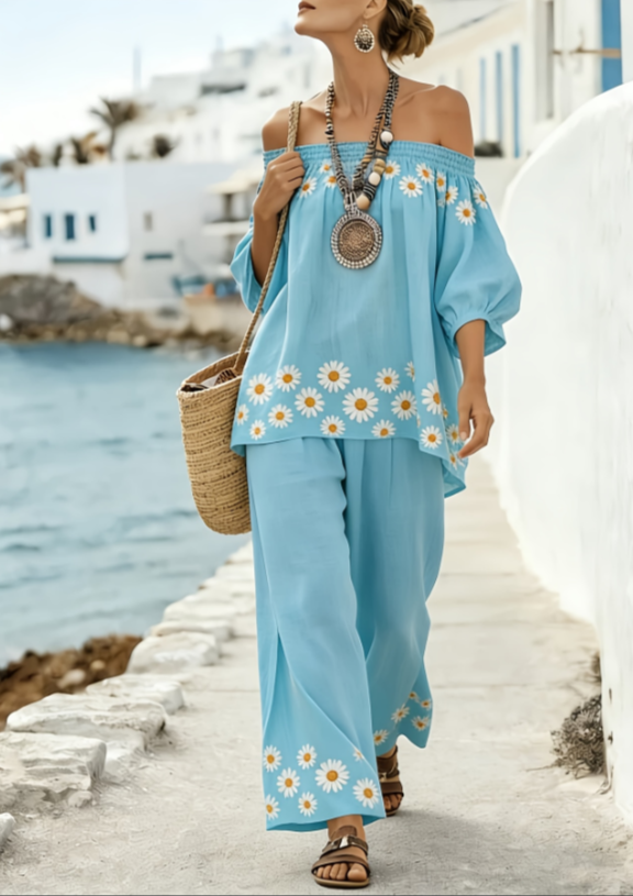 Vacation Style Shoulder Baring Wide Leg Pants Set