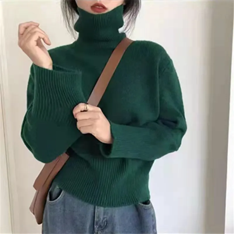 Lazy Style Turtleneck Sweater Women New Retro Loose Knit Top - Green