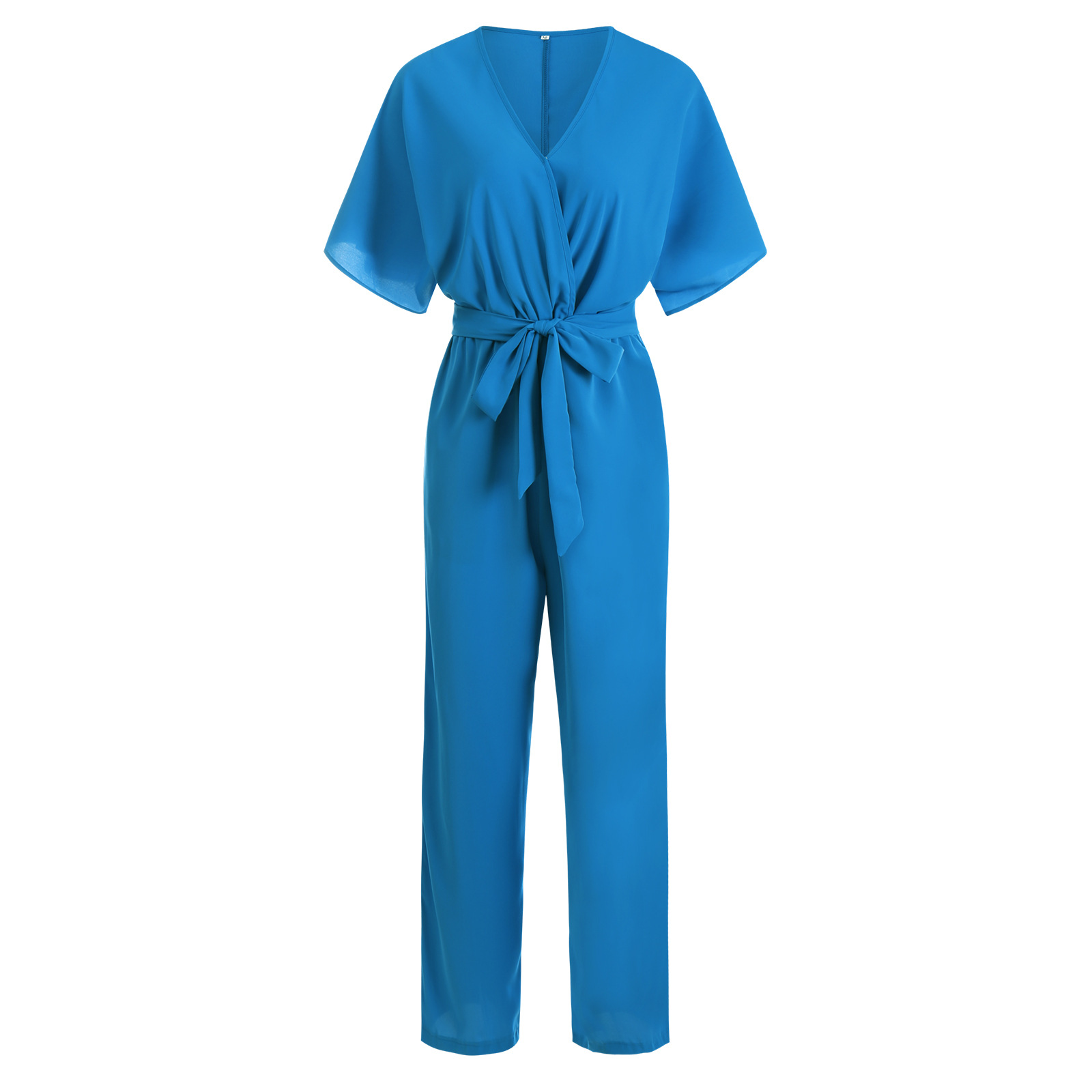 Women’s V-Neck Tie Waist Solid Color Jumpsuit