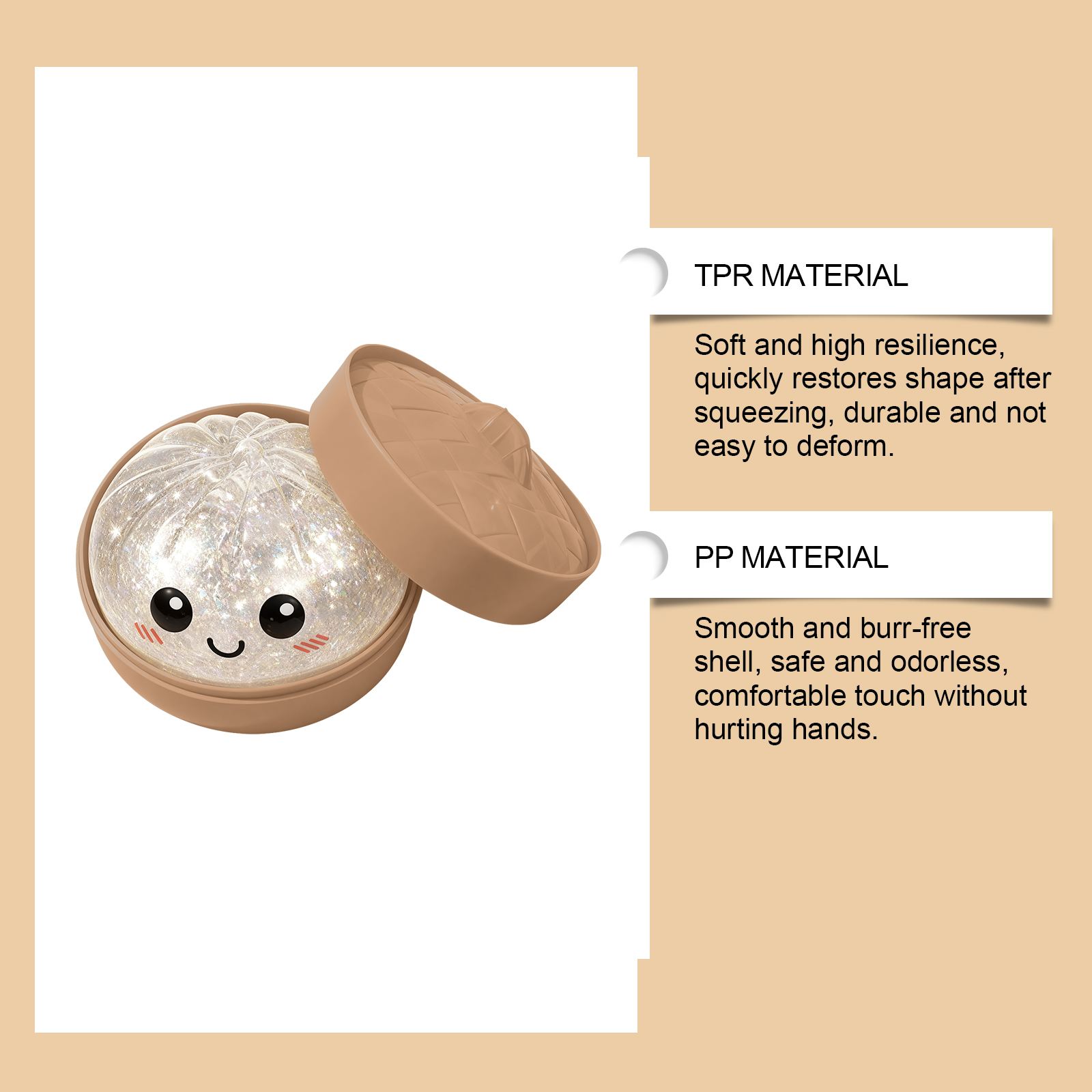 Cute Glitter Transparent Bun Toy, Portable Steamed Stuffed Bun Stress Relief Squeeze Toy, Soft Non-Sticky TPR Fidget Toy For Kids Adults