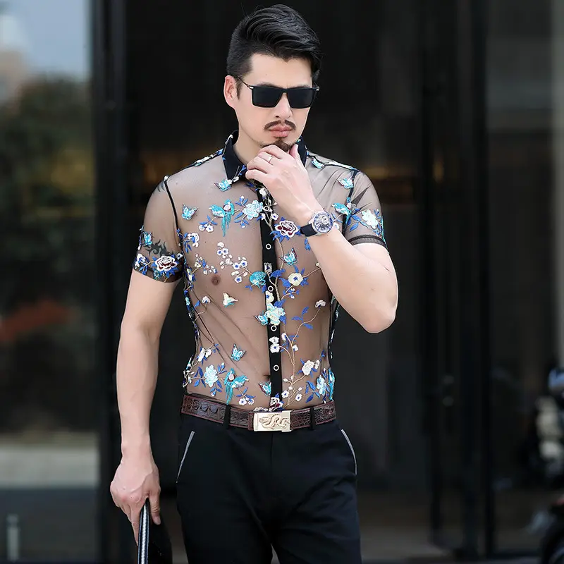 Men's Short-sleeved Floral Thin Hollow Non-iron Ice