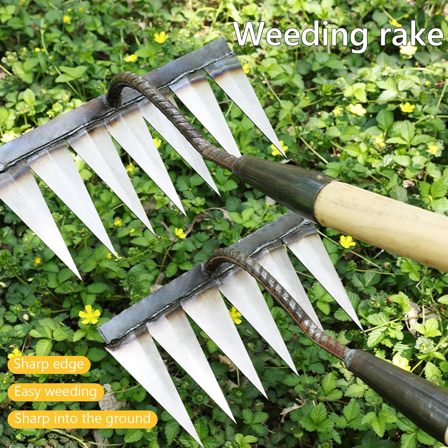 Iron rake with handle for gardening and weeding purposes