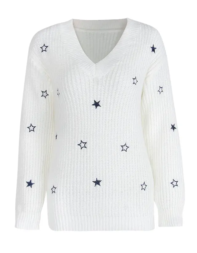 New Commuter V Neck Solid Little Star Embroidery Sweater White - Shop at LoveMi