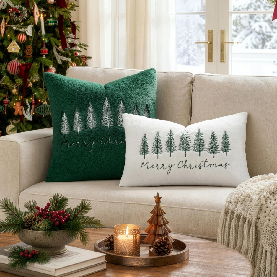 Christmas Pillow Cover 12x20 Set Of 1 White And Green Tree Lumbar