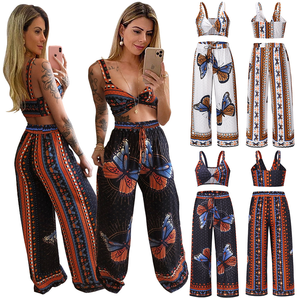 Beach Leisure Suit New Leisure Suspender Top  Printed Straight Leg Trousers Two-piece Suit