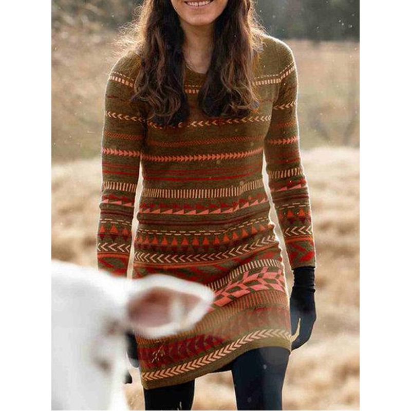 Women's Autumn And Winter Retro Print Long Hedging Stitching Dress