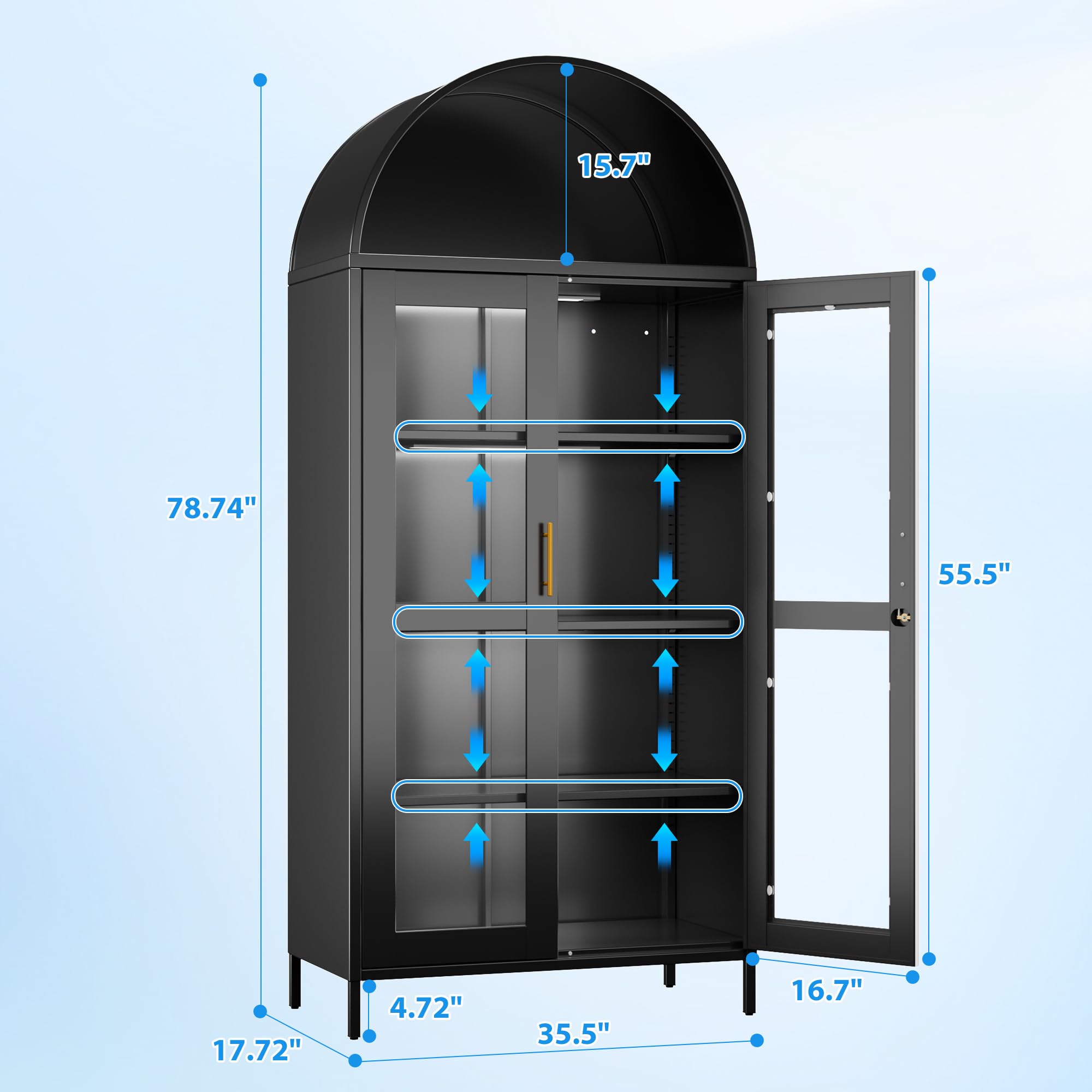 78.74inch H Metal Arched Cabinet With Lock And LED Light Strip, Metal Display Cabinet With Glass Doors And Adjustable Shelves,Suitable For Dining Room, Home, Assembly Required,Black