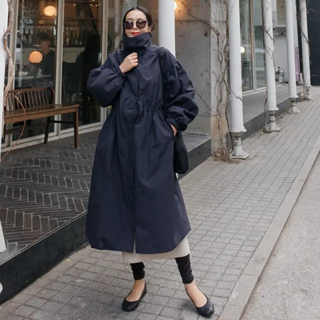Women's Mid length Autumn Loose Thin Windbreaker Jacket Navy Blue - Shop at LoveMi